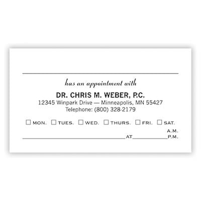 Custom 1-2 Color Appointment Cards, White Vellum 80#, Flat Print, 1 Standard Ink, 1-Sided, 250/Pk