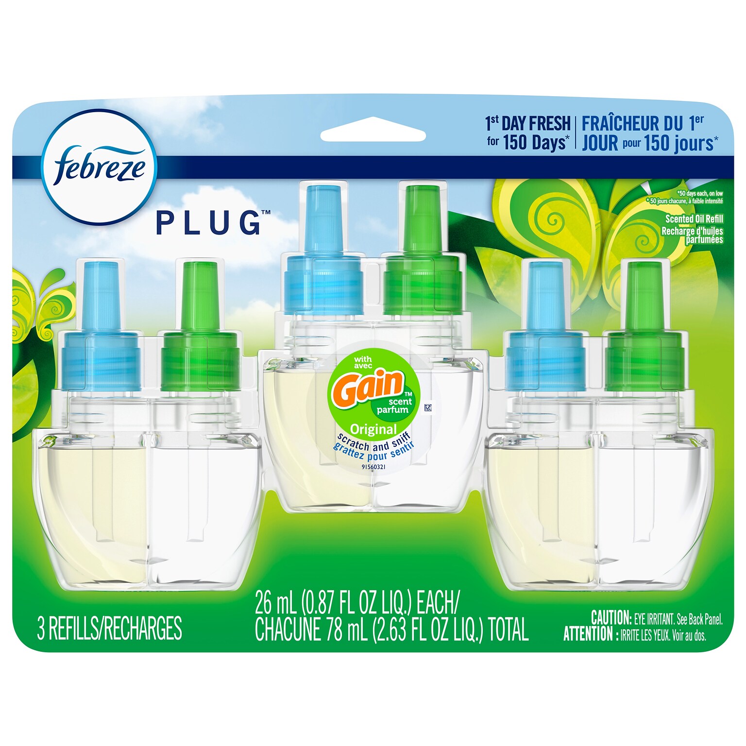 Febreze Fade Defy PLUG Air Freshener Refill, Gain Original Scent, 0.87 Fl. Oz. 3/Pack (54341)