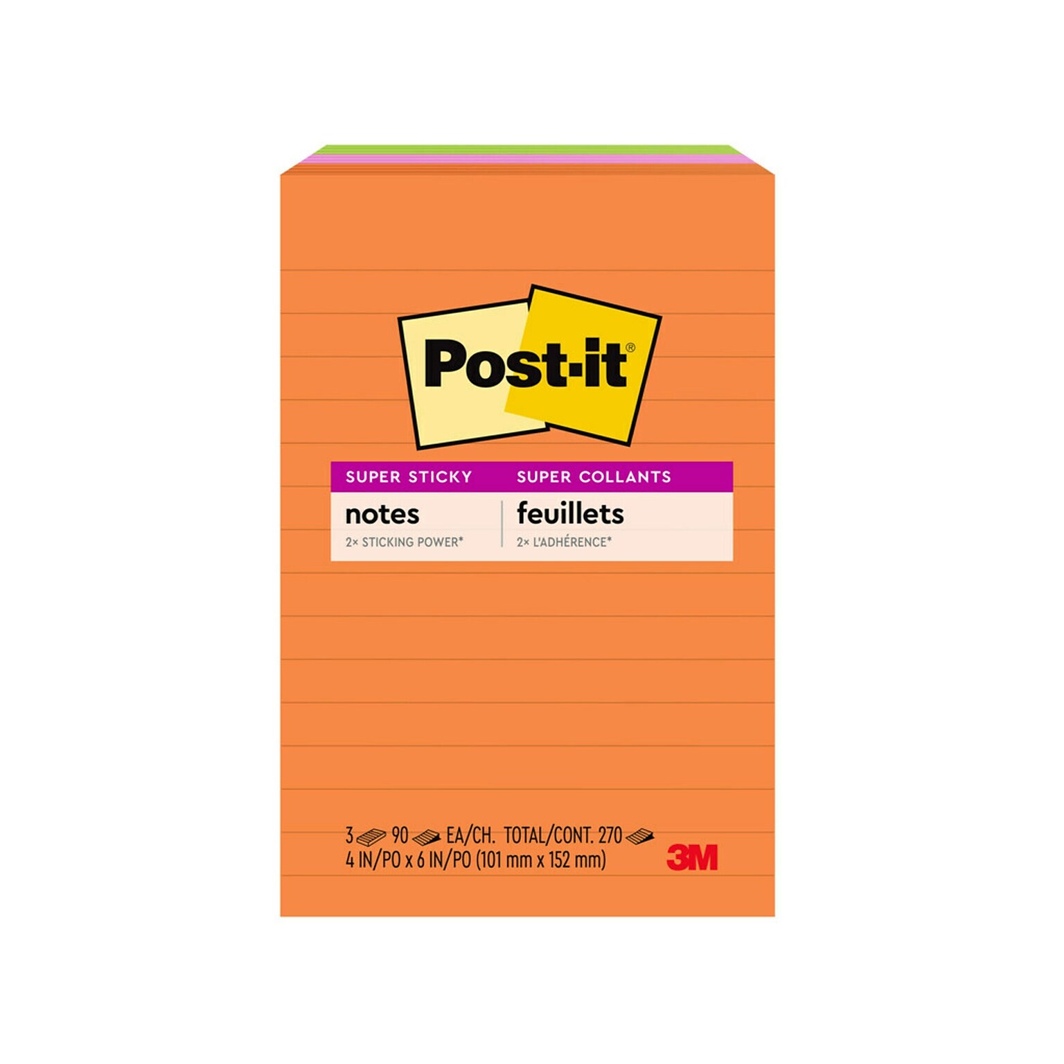 Post-it Super Sticky Notes, 4 x 6, Energy Boost Collection, Lined, 90 Sheet/Pad, 3 Pads/Pack (6603SSUC)