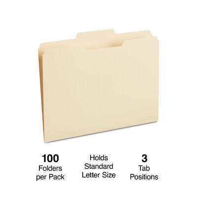 Staples® 30% Recycled File Folders, 1/3-Cut Tab, Letter Size, Manilla, 100/Box (ST116780/116780)