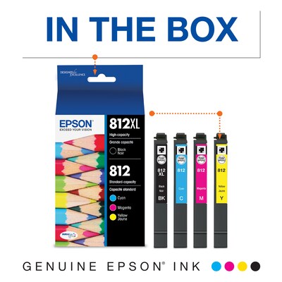 Epson T812XL/T812 Black High Yield and Cyan/Magenta/Yellow Standard Yield Ink Cartridges, 4/Pack (T8