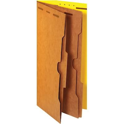 Quill Brand® 2/5-Cut Pressboard Classification Folders with Pockets, 2-Partitions, 6-Fasteners, Legal, Yellow, 15/Box (737038)
