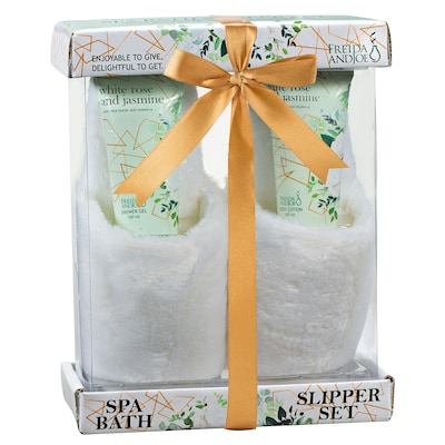 Freida and Joe Bath & Body Spa Gift Set in White Rose Jasmine Fragrance with Luxury Slippers (FJ-145