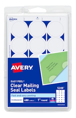 Avery Laser/Inkjet Mailing Seals, 1 Diameter, Glossy Clear, 15 Seals/Sheet, 32 Sheets/Pack, 480 Sea