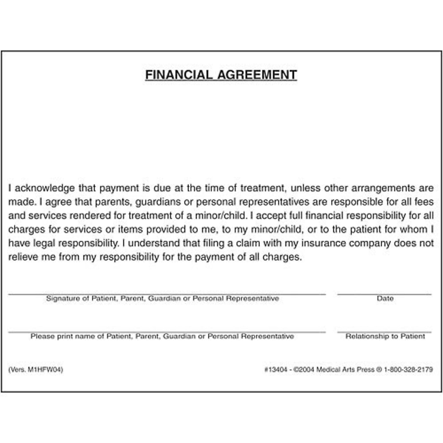 Medical Arts Press® Financial Agreement and Insurance Assignment; 4x5-1/2 Bond Non-Personalized