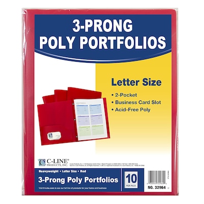 C-Line, Red Two Pocket Poly Portfolios With 3 Prongs Pack of 10, 8.5" x 11" paper size (CLI32964)