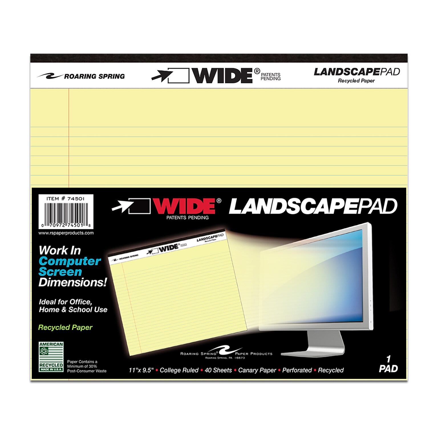 Roaring Spring Wide Notepad, 11 x 9.5, College Ruled, 20 lb. Heavyweight Paper, Yellow, 40 Sheets/Pad, 48 Pads/Case (74501CS)