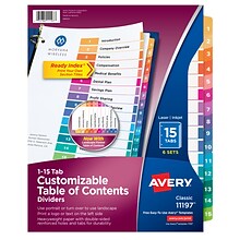 Avery Ready Index Table of Contents Paper Dividers, 1-15 Tabs, Multicolor, 6 Sets/Pack (11197)