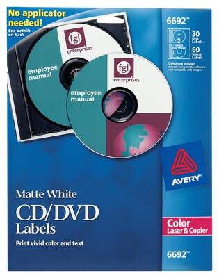 Avery Laser Media Labels, White Matte, 30 Disc and 60 Spine Labels/Pack (6692)