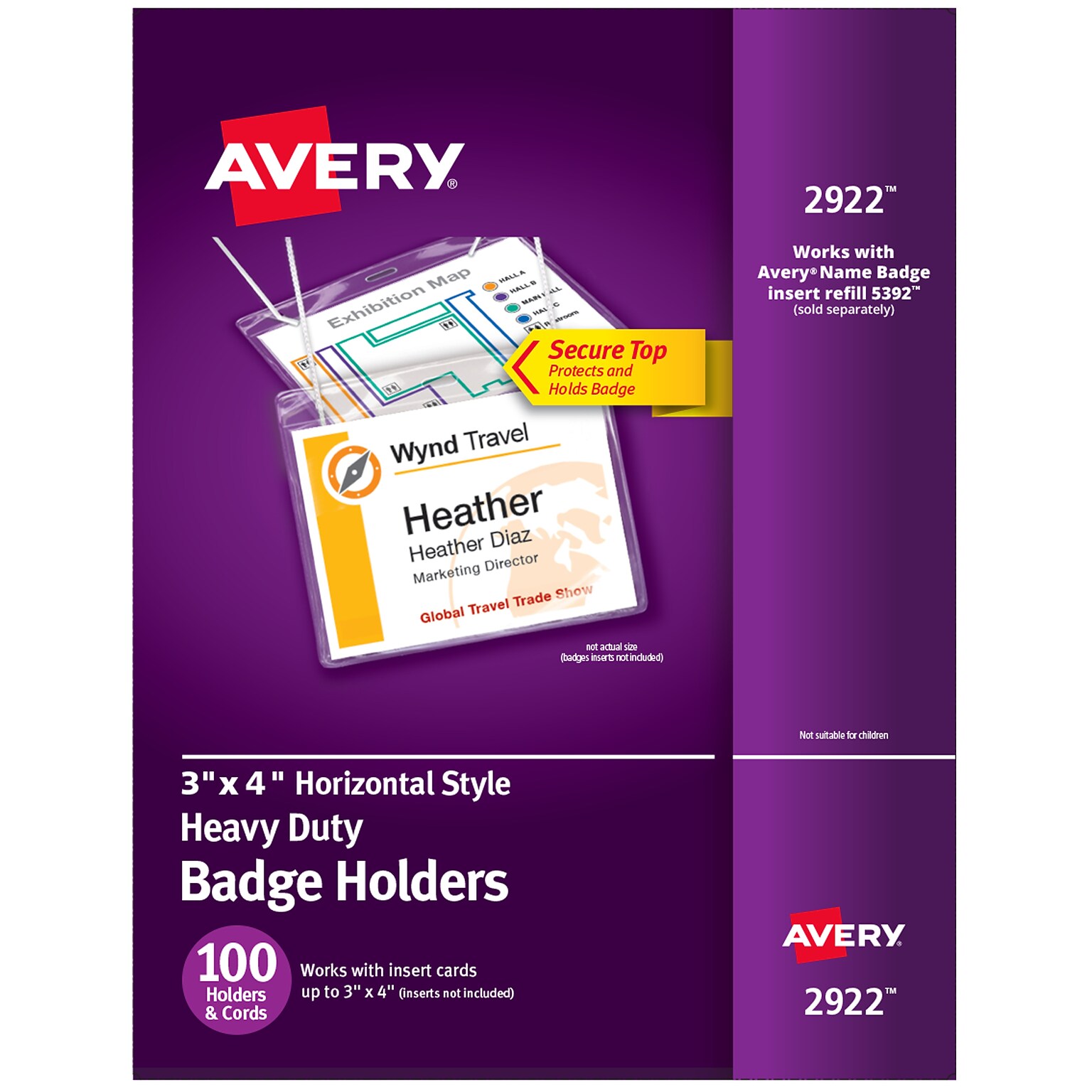 Avery Secure Top Heavy Duty Hanging Style Name Badge Holders, 3 x 4, Clear Landscape Holders, 100/Box (2922)