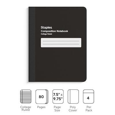 Staples Composition Notebook, 7.5 x 9.75, College Ruled, 80 Sheets, Black, 4/Pack (ST58293)