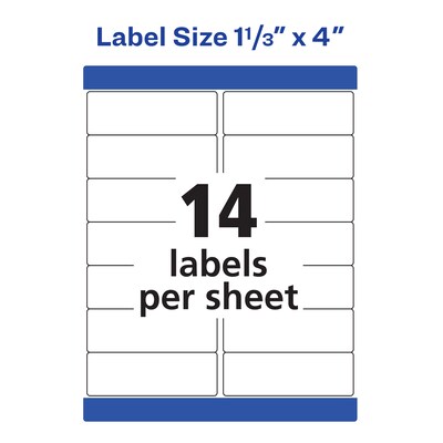 Avery Waterproof Laser Address Labels, 1-1/3" x 4", Matte White, 14 Labels/Sheet, 50 Sheets/Box (5522)