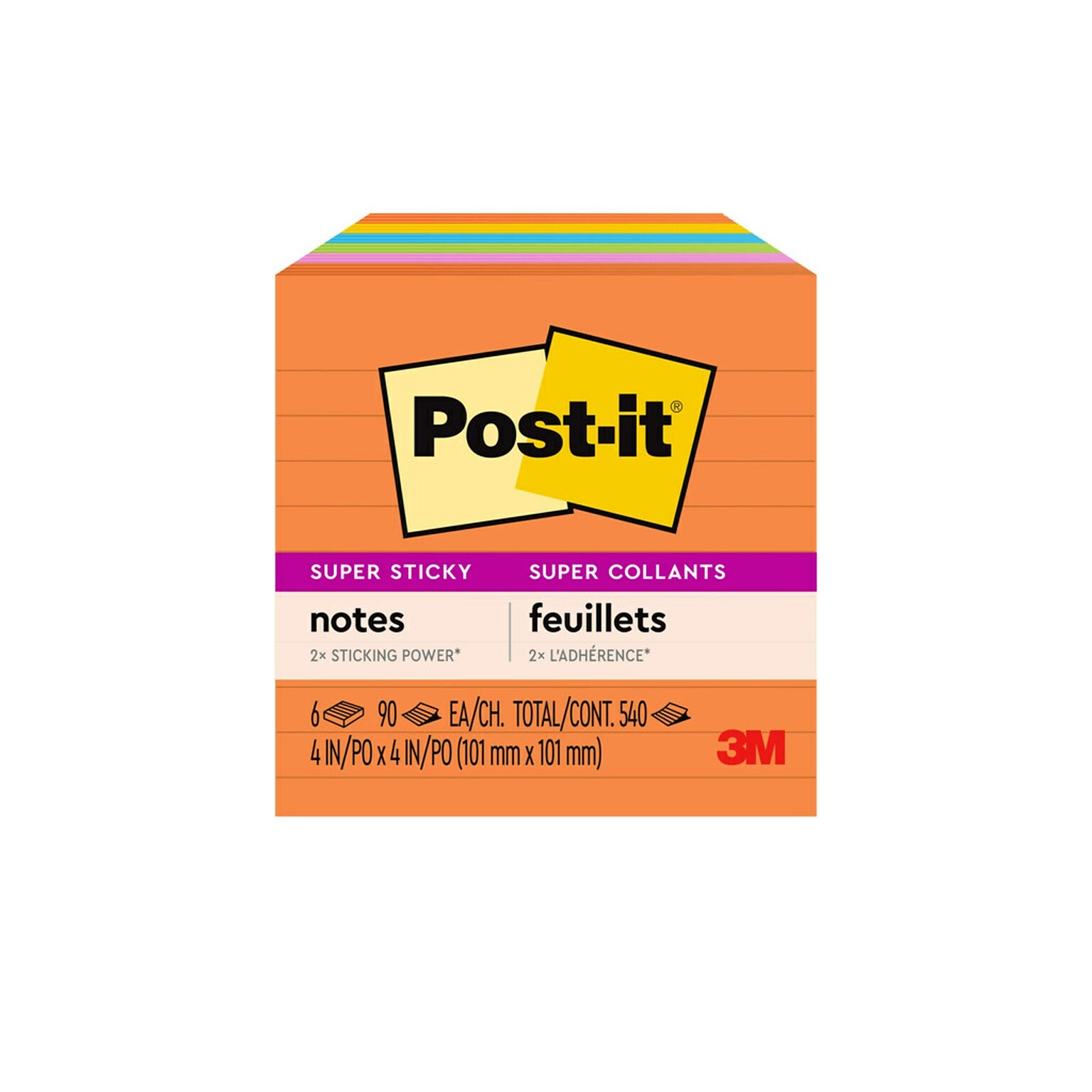 Post-it Super Sticky Notes, 4 x 4, Energy Boost Collection, Lined, 90 Sheet/Pad, 6 Pads/Pack (6756SSUC)