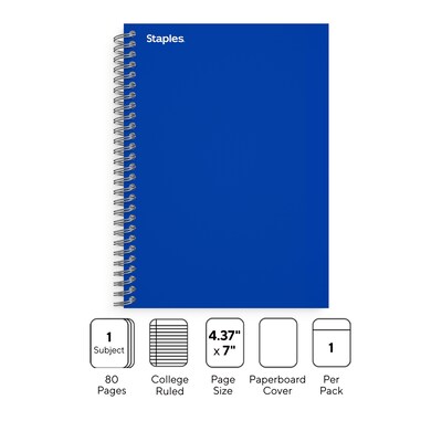 Staples Premium 1-Subject Notebook, 4.38 x 7, College Ruled, 80 Sheets, Blue (ST58348)