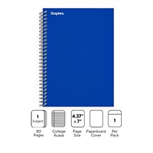 Staples Premium 1-Subject Notebook, 4.38 x 7, College Ruled, 80 Sheets, Blue (ST58348)