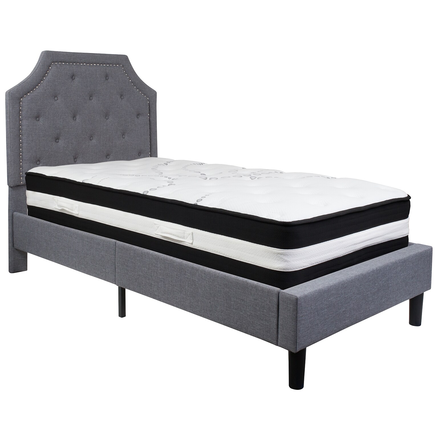 Flash Furniture Brighton Tufted Upholstered Platform Bed in Light Gray Fabric with Pocket Spring Mattress, Twin (SLBM9)