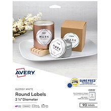 Avery Print-to-the-Edge Laser/Inkjet Labels, 2 1/2 Diameter, White, 9 Labels/Sheet, 10 Sheets/Pack,