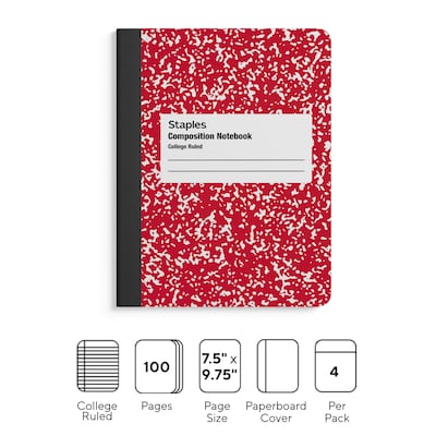 Staples® Composition Notebooks, 7.5 x 9.75, College Ruled, 100 Sheets, Assorted Colors, 4/Pack (ST