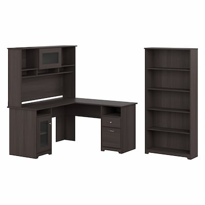 Bush Furniture Cabot 60W L Shaped Computer Desk with Hutch and 5 Shelf Bookcase, Heather Gray (CAB0
