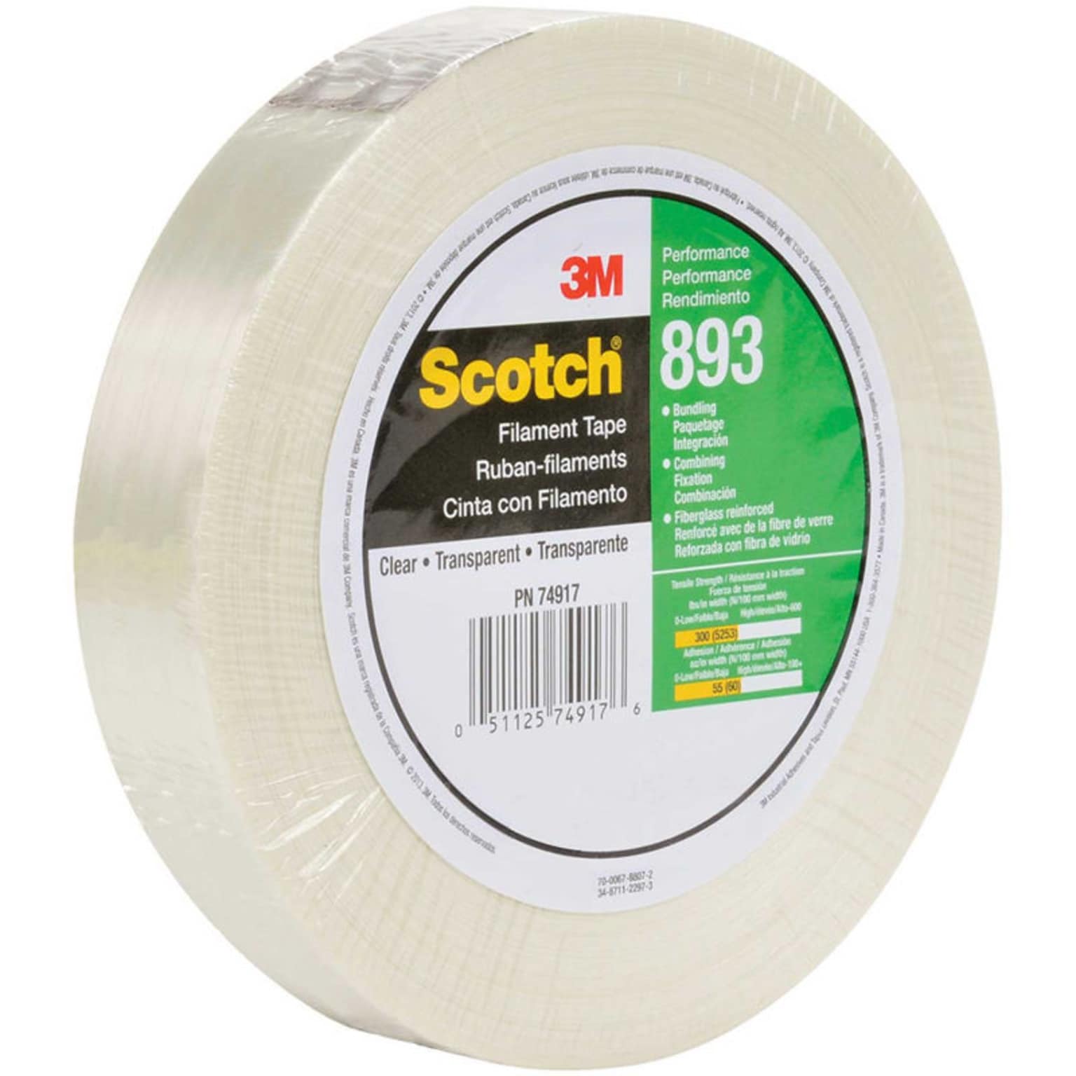 Scotch® Filament Tape 893, Clear, 12 mm x 55 m, 1/Roll (893-12)