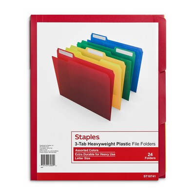 Staples Heavyweight Reinforced File Folders, 1/3-Cut Tab, Letter Size, Assorted Colors, 24/Pack (TR10741-CC)
