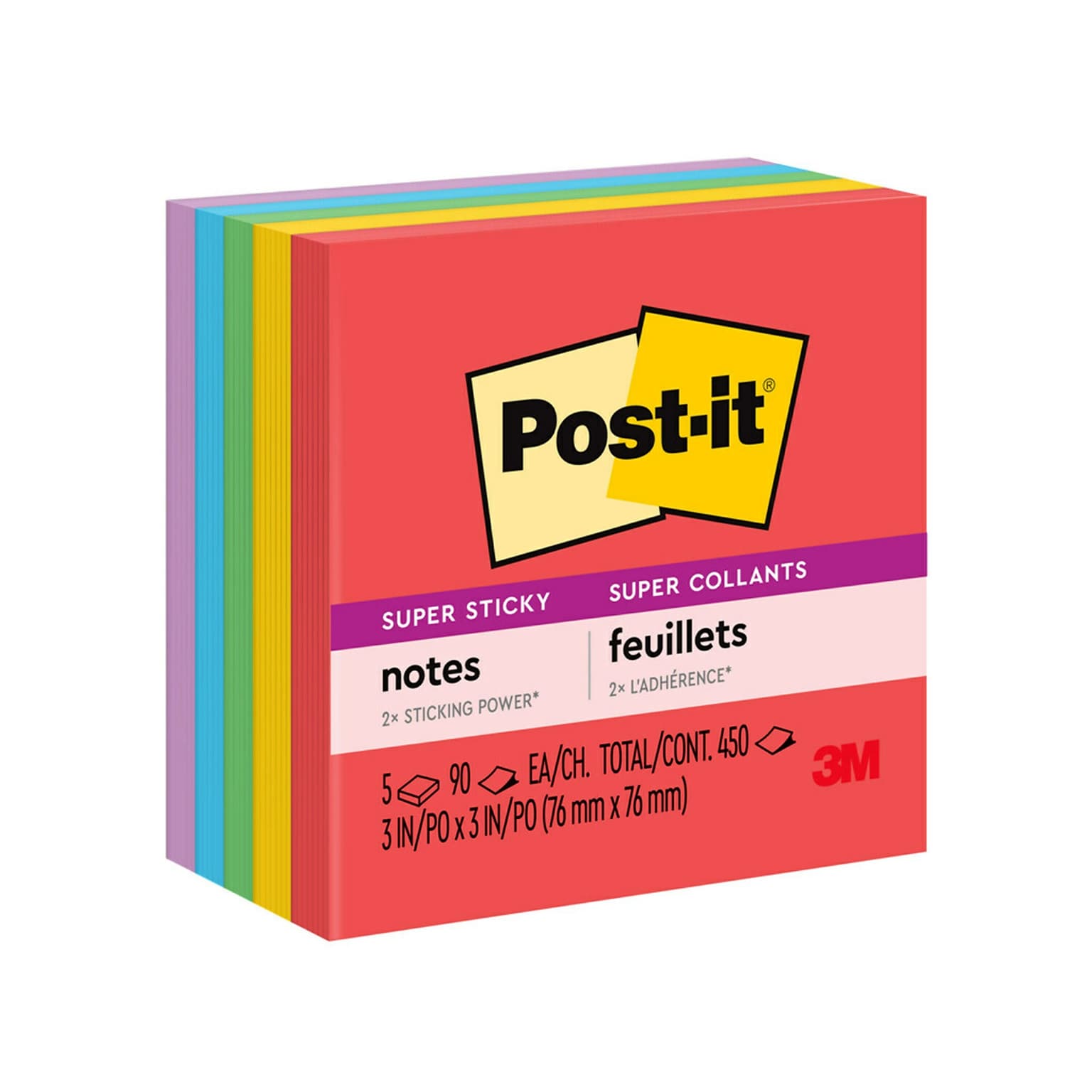 Post-it Super Sticky Notes, 3 x 3, Playful Primaries Collection, 90 Sheet/Pad, 5 Pads/Pack (654-5SSAN)