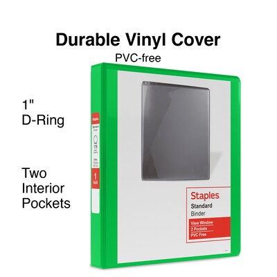 Staples® Standard 1" 3 Ring View Binder with D-Rings, Green (58652)