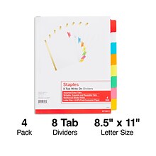 Staples® Write-On™ BIG TAB Dividers, 8-Tab Set, Color Tabs, 4/Pack