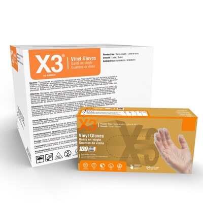 Ammex Professional X3 Powder Free Vinyl Gloves, Latex Free, Clear, Small, 100/Box, 10 Boxes/Carton (