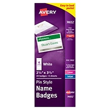 Avery Pin Style Laser/Inkjet Name Badge Kit, 2 1/4 x 3 1/2, Clear Holders with White Inserts, 24/P