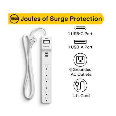 NXT Technologies™ 6-Outlet 2-USB Port Surge Protector, 4 Cord, White (NX61426)