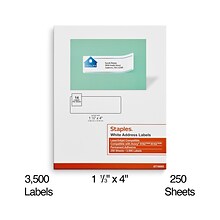 Staples® Laser/Inkjet Address Labels, 1 1/3 x 4, White, 14 Labels/Sheet, 250 Sheets/Box, 3500 Labe