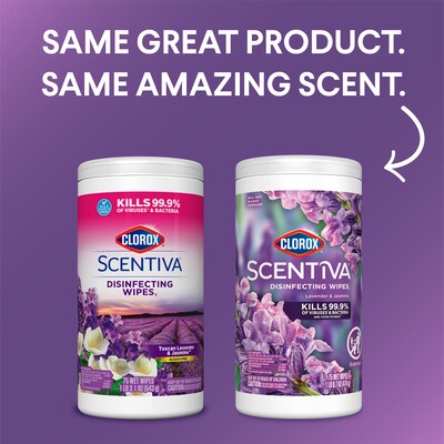 Clorox Scentiva Disinfecting Wipes, Tuscan Lavender & Jasmine Scent, 75 Wipes/Container, 6/Carton (6
