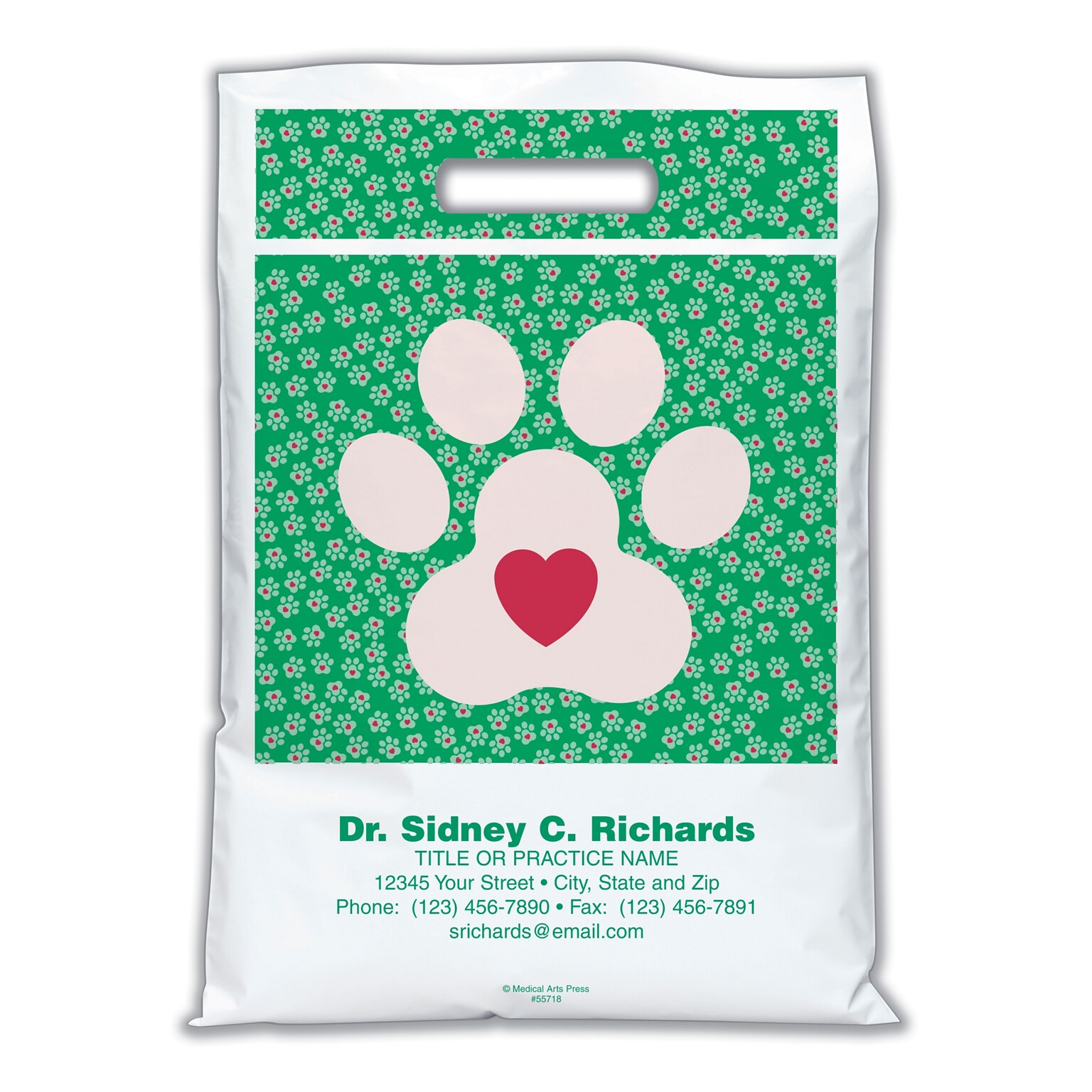 Medical Arts Press® Veterinary Personalized Large 2-Color Supply Bags; 9 x 13, Paw Print w/Heart, 100 Bags, (55718)