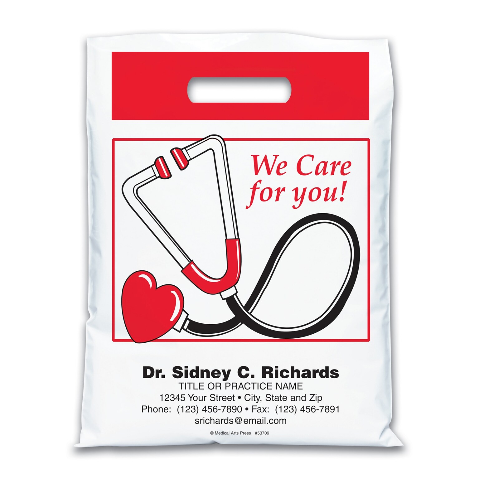 Medical Arts Press® Medical Personalized 2-Color Bags; 9 x 13, We Care for You/Heart Stethoscope, 100 Bags, (53709)