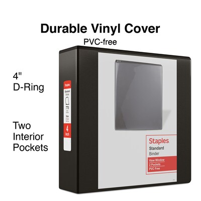 Staples® Standard 4" 3 Ring View Binder with D-Rings, Black (26357-CC)