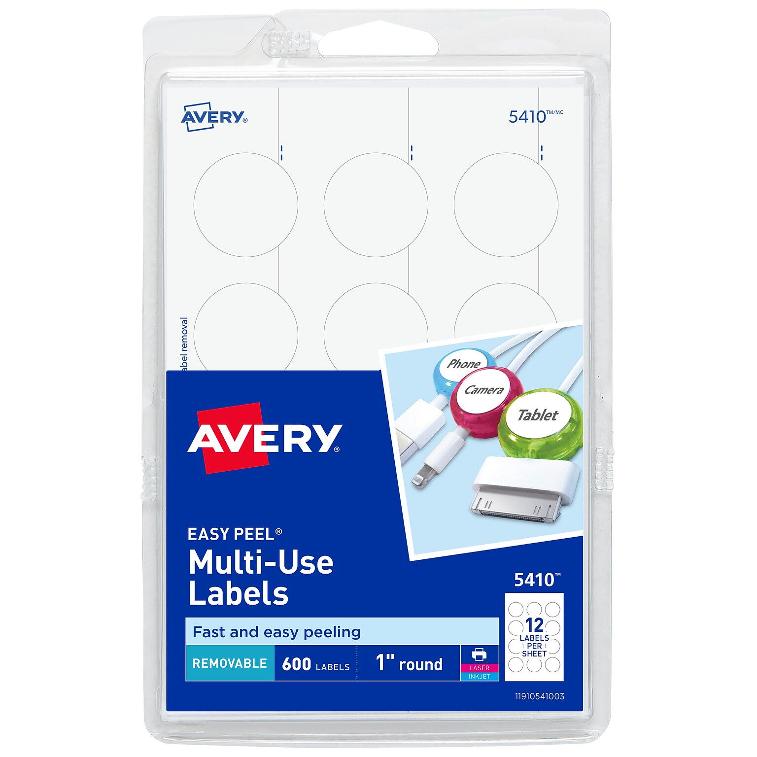 Avery Easy Peel Laser/Inkjet Multipurpose Labels, 1 Dia., White, 12 Labels/Sheet, 50 Sheets/Pack (5410)