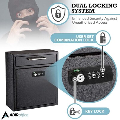 AdirOffice Ultimate Locking Wall Mounted Drop Box with Key and Combination Lock, Medium, Black (631-05-BLK-KC-PKG)