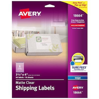 Avery Easy Peel Inkjet Shipping Labels, 3-1/3 x 4, Clear, 6 Labels/Sheet, 10 Sheets/Pack, 60 Label