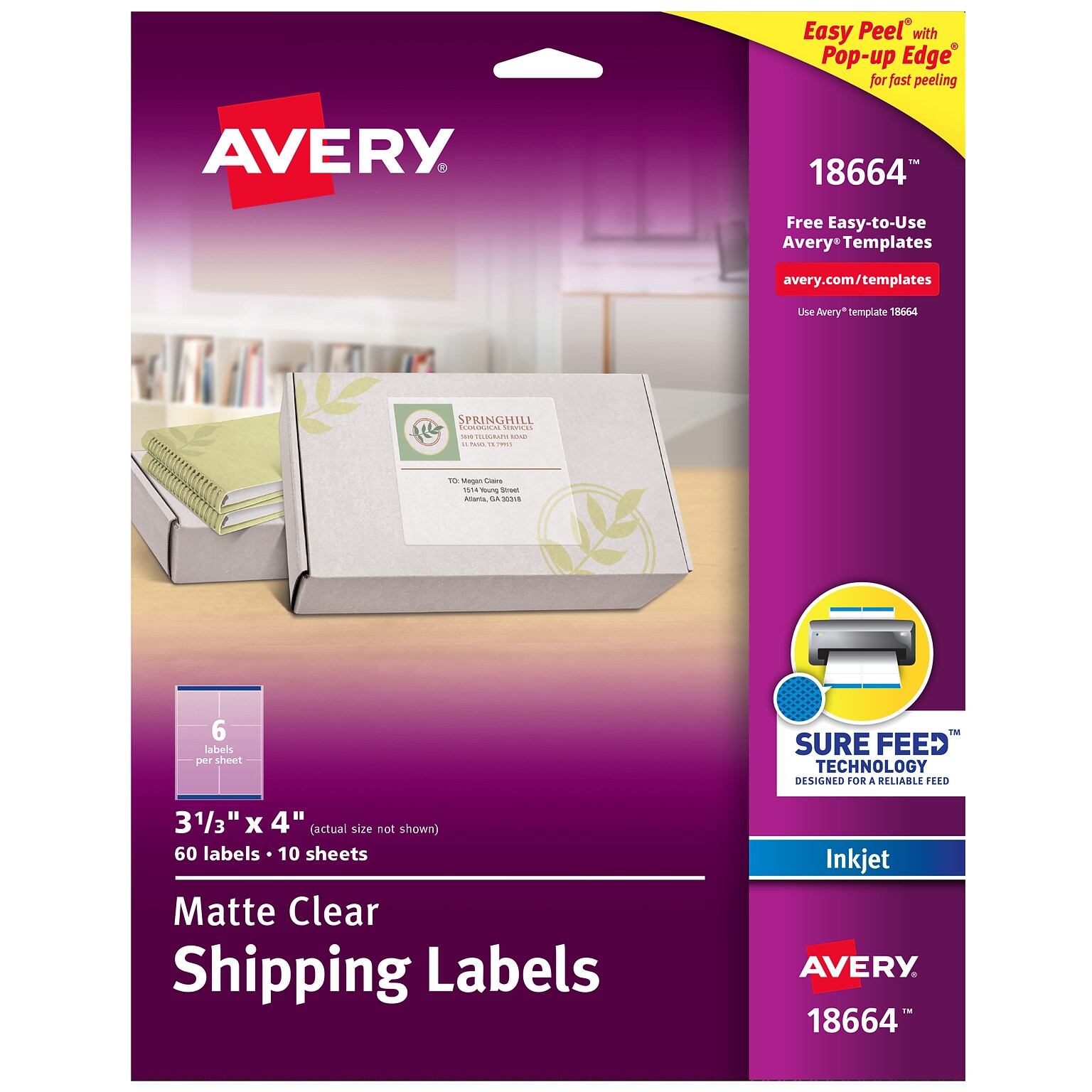 Avery Easy Peel Inkjet Shipping Labels, 3-1/3 x 4, Clear, 6 Labels/Sheet, 10 Sheets/Pack, 60 Labels/Pack (18664)