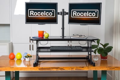 Rocelco 37.5" Height Adjustable Standing Desk Converter with Dual Monitor Mount, Sit Stand Up Riser, Black (R DADRB-DM2)