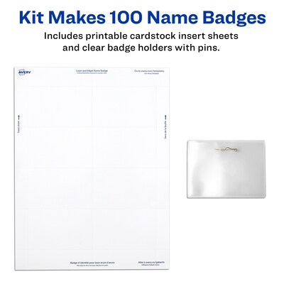 Avery Pin Style Laser/Inkjet Name Badge Kit, 2 1/4" x 3 1/2", Clear Holders with With Inserts, 100/Box (74549)