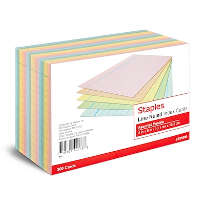 Staples 4 x 6 Index Cards, Lined, Assorted Colors, 300/Pack (TR51000)