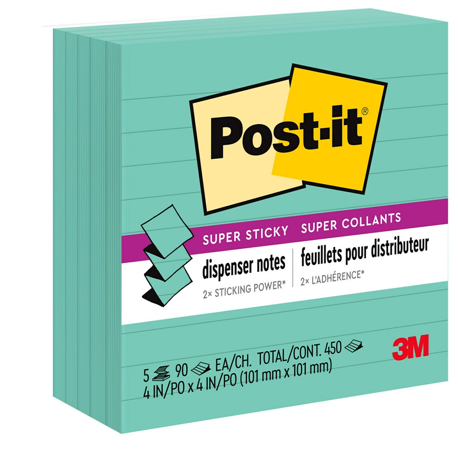 Post-it Super Sticky Notes, 4 x 4, Assorted Collection, Lined, 90 Sheet/Pad, 5 Pads/Pack (R440WASS)