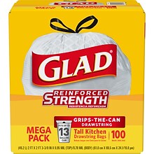 Glad 13 Gallon Trash Bag, 8.5x8.5, Low Density, .72 mil, White, 100 Bags/Box (CLO 78526)