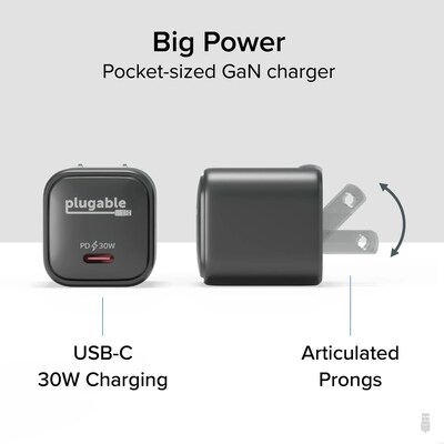 Plugable 30W GaN USB C Charger Block, Black (PS-30C1B)