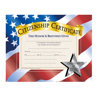 Hayes Citizenship Certificate, 8.5 x 11, 30 Certificates (H-VA525)