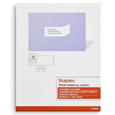 Staples® Laser/Inkjet Address Labels, 1 x 2 5/8, White, 30 Labels/Sheet, 250 Sheets/Pack, 7500 Lab