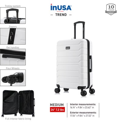 InUSA Trend 25.62" Hardside Suitcase, 4-Wheeled Spinner, White (IUTRE00M-WHI)