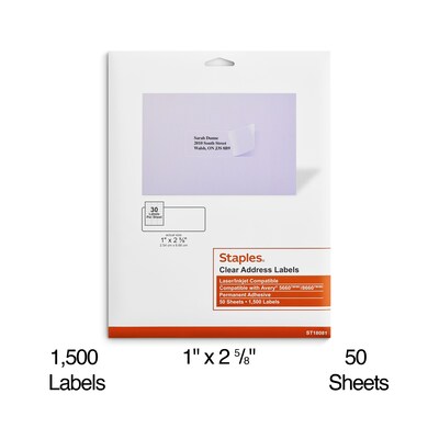 Staples® Laser/Inkjet Address Labels, 1 X 2 5/8, Clear, 30 Labels/Sheet, 50 Sheets/Pack, 1500/Box (